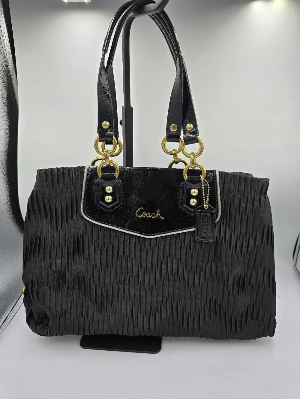 COACH F20050 Ashley Gathered Satin Black Shoulder Bag Purse Gold Accents EUC